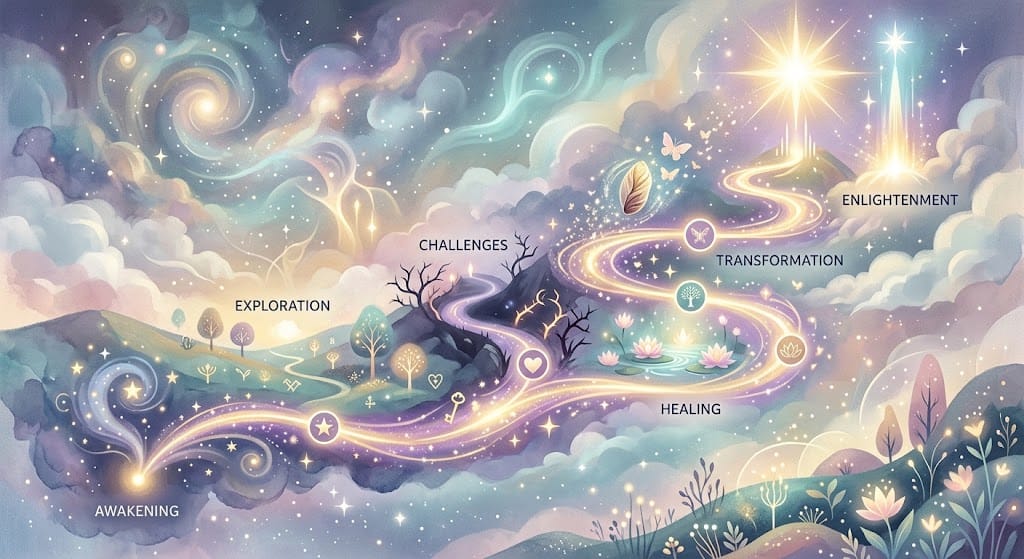 Ilustración del recorrido del alma: despertar, exploración, sanación y transformación